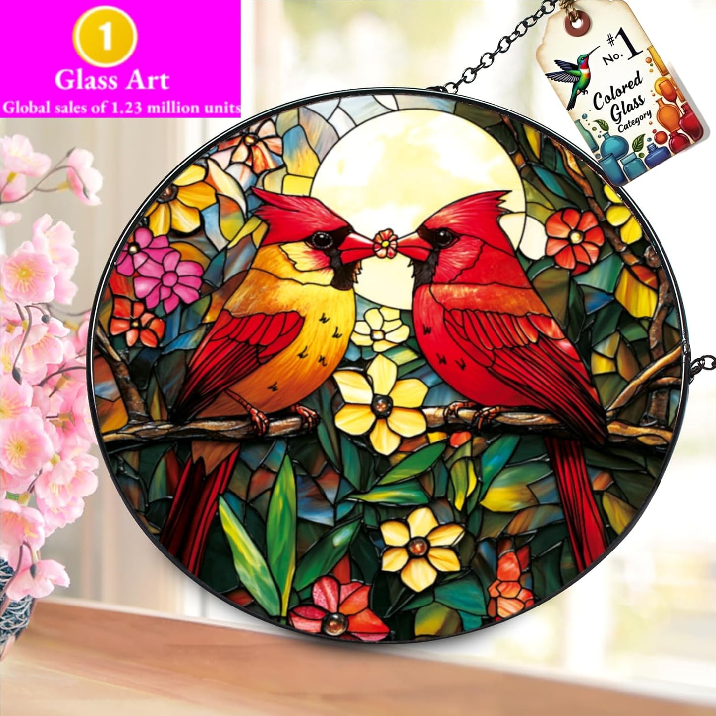 Cardinal Stained Glass Suncatcher - Red Bird Sun Catcher, Painted Glass Panel Decor, Sun Catchers Indoor Window, Gift for Bird Lovers, Mom, Grandma, 6.31IN