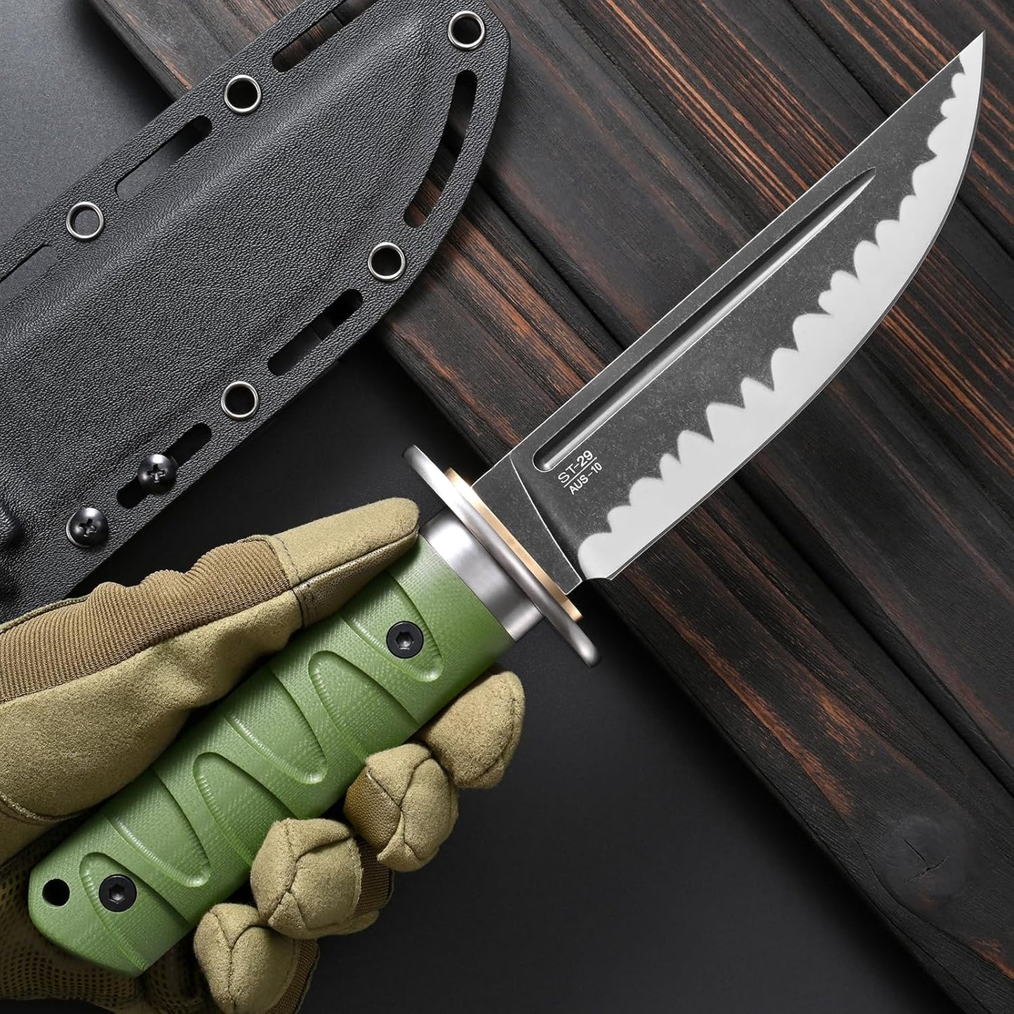 Sitivien ST29 Fixed Blade Knife, AUS-10 Steel Blade G10 Handle Full Tang Bowie Knife for Outdoor Camping Hunting Fishing Working(Green)