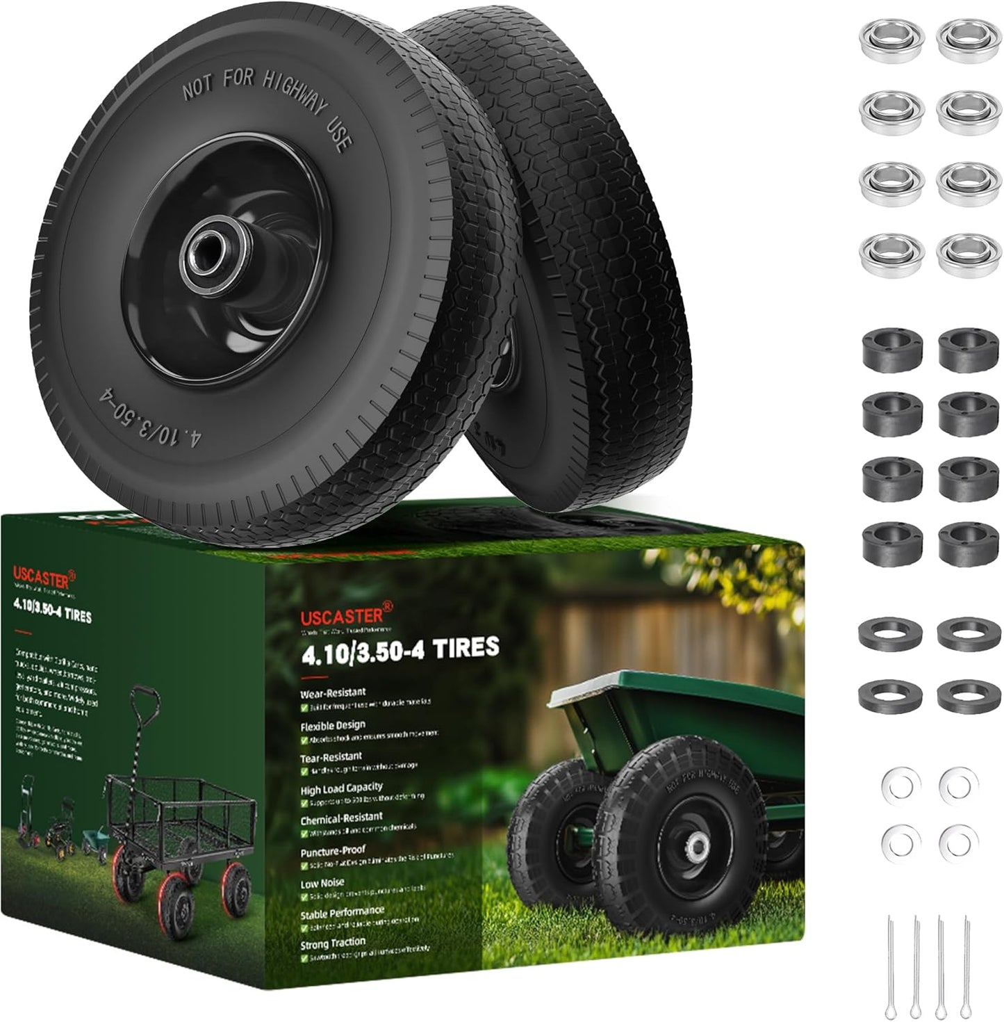 4.10/3.50-4 Tire and Wheel Flat Free,10-Inch Solid Wheel Replacement with 5/8 Extra 3/4 &1/2 Bearings,2.2" Offset Hub -Compatible with Hand Truck,Wheelbarrow,Dolly(Wave,Black)