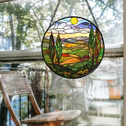 Stained Glass Window Hanging Golden Sun Mountain Landscape Large 11.8" - Suncatcher Door Garden Sun Catcher Home Decor Birthday Christmas for Mom Men Woman Nana Friend