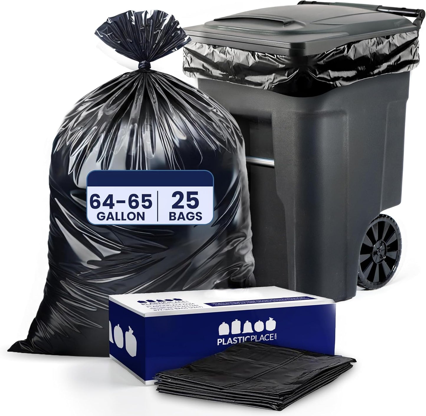 Plasticplace 64-65 Gallon Trash Can Liners for Toter │ 3.0 Mil │ Black Heavy Duty Garbage Bags │ 50” x 60” (25 Count),W65LDBTL3