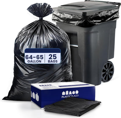 Plasticplace 64-65 Gallon Trash Can Liners for Toter │ 3.0 Mil │ Black Heavy Duty Garbage Bags │ 50” x 60” (25 Count),W65LDBTL3