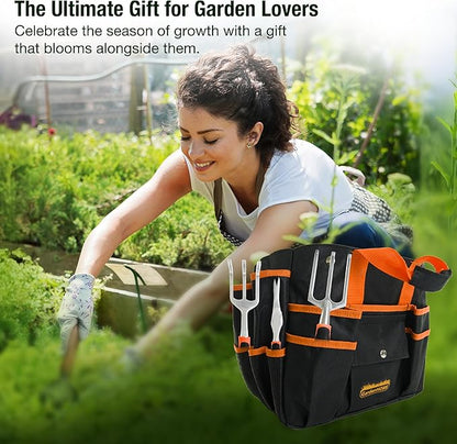 GardenHOME 7-Piece Gardening Tool Set – Stainless Steel Tools with Heavy-Duty Folding Stool and Canvas Tote Bag, Black and Orange – Practical for Men, Gardeners, and DIY Yard Work