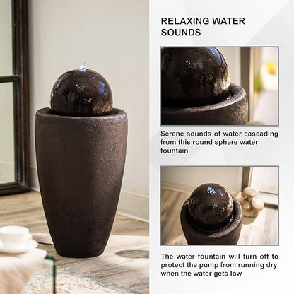 XBrand 25.98" H Round Stone Indoor/Outdoor Modern Stone Textured Sphere Water Fountain with LED Lights, Ball Fountain Decor for Garden, Patio, Outdoor, Brown