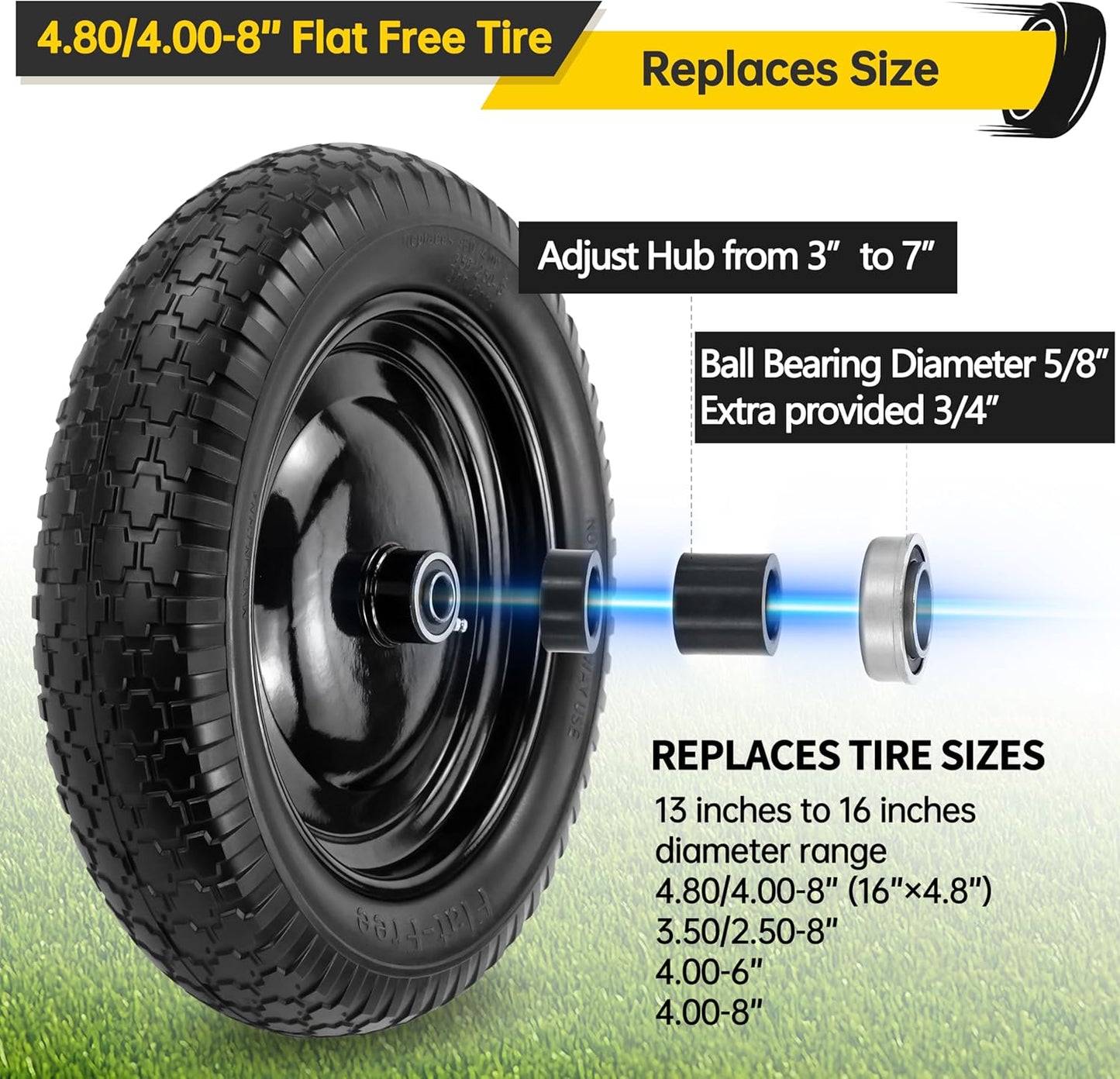 2PC 4.80/4.00-8 Flat Free Tire, 14.5 Wheelbarrow Tire and Wheel with 5/8" Bearings & Extra 3/4", 3-7" Centered Hub, 4.80/4.00-8 tire and wheel Fit for Gorilla Cart, Garden Cart/Hand Truck