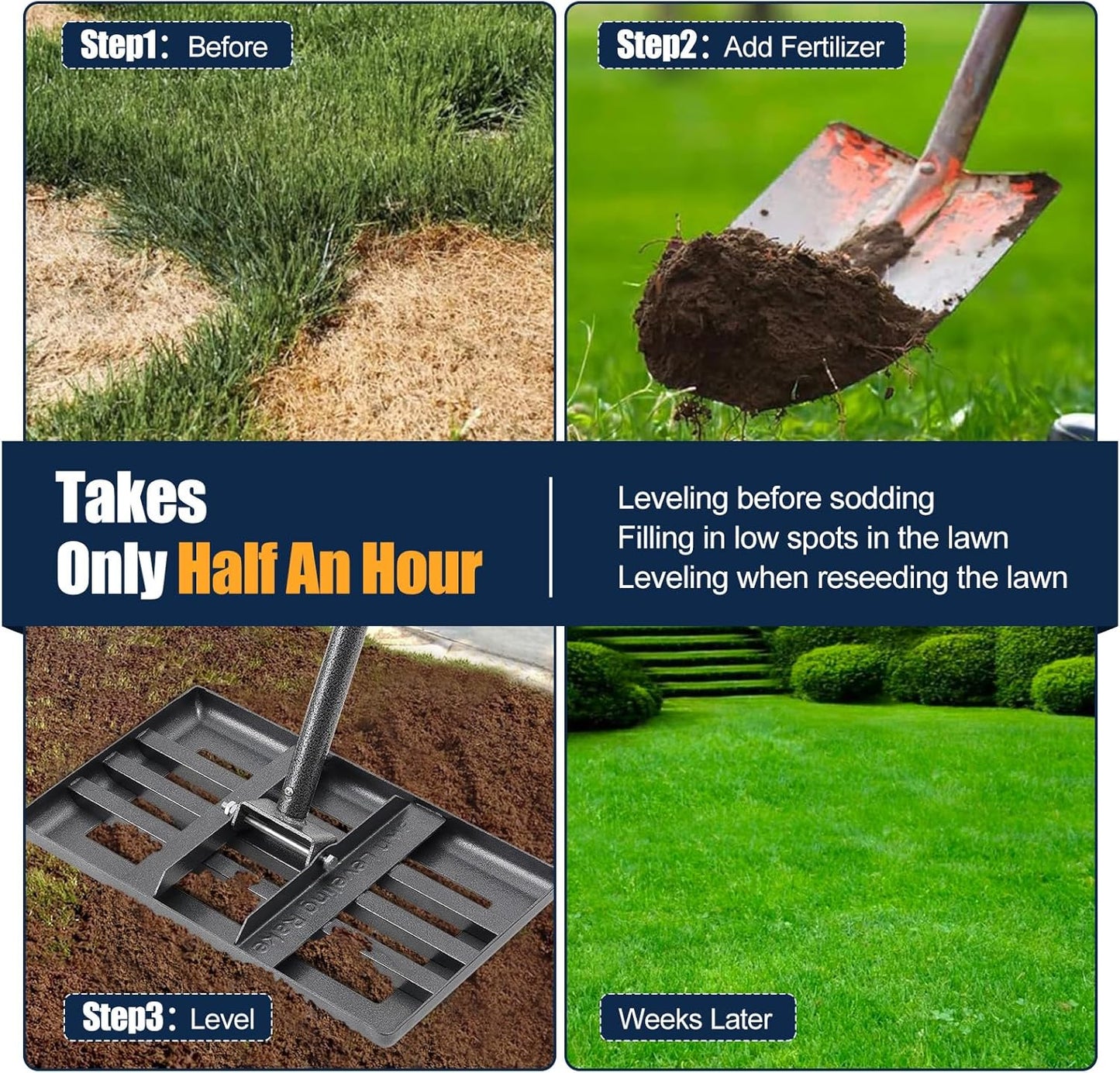 Professional Lawn Leveling Rake with 17x10in Heavy-Duty Stainless Steel Head & 60" Adjustable Handle - Grass Leveling Tool for Quick Soil Grading, Thatch Removal and Yard Maintenance