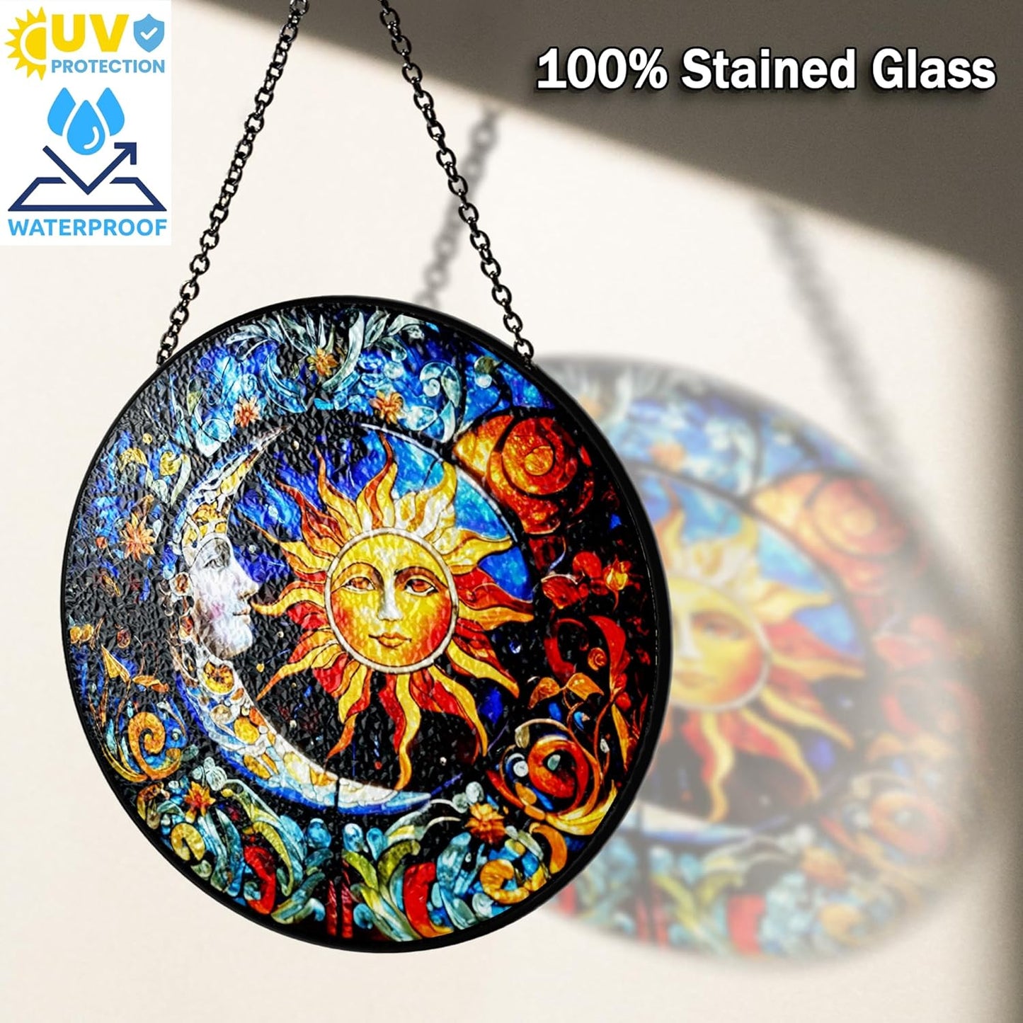 7.8" Sun & Moon Stained Glass Decor, Window Suncatcher Hanging Decorations, Suncatcher Art Decor for Home Garden Housewarming, Sun Moon Gifts for Mom, Women, Family, Grandma, Friends ART-17E-SG8