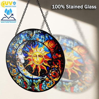 7.8" Sun & Moon Stained Glass Decor, Window Suncatcher Hanging Decorations, Suncatcher Art Decor for Home Garden Housewarming, Sun Moon Gifts for Mom, Women, Family, Grandma, Friends ART-17E-SG8