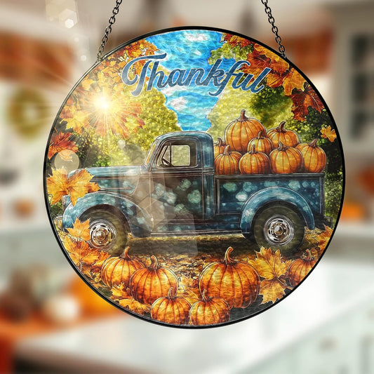 FLAGWIX Fall Decorations for Home - Tractor Stained Glass Window Hanging 8in - Sun Catchers Indoor