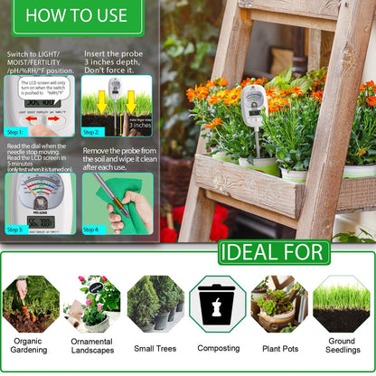HSLGOVE Soil Test Kit, 7-in-One Soil Moisture Meter/Soil PH Meter/Fertility, Dual Screen Soil
