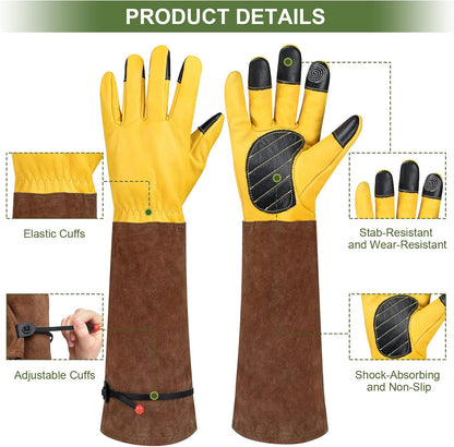 Long Gardening Gloves for Women Thorn Proof,Rose Pruning Cowhide Leather Garden Gloves for Cactus, Rose and Blackberry
