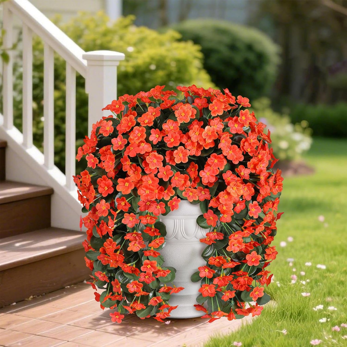 Artificial Fake Fall Hanging Flowers Plants for Outdoor Outside, 2PCS Faux Silk Orange Daisy Mums Trailing Vines UV Resistant Realistic Orchid for Autumn Front Door Porch Planter Patio Garden