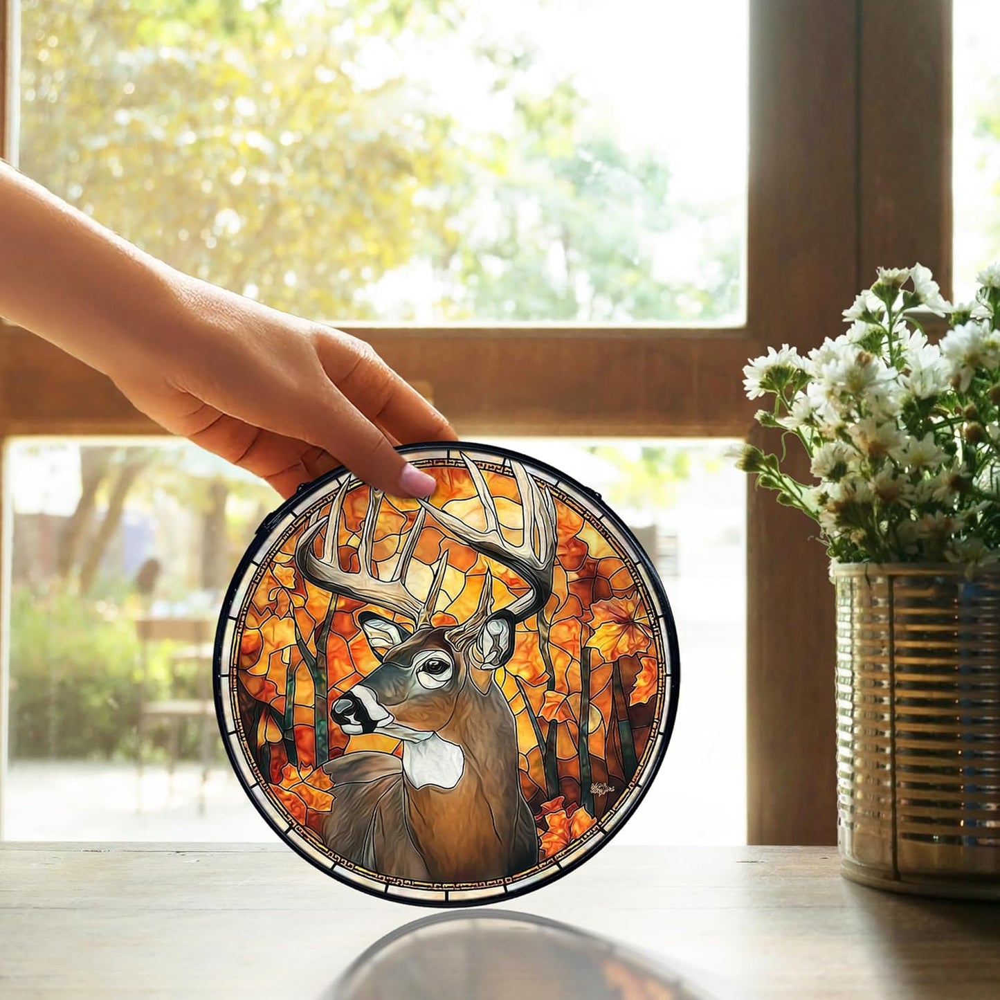 TNUW Fall Deer Stained Glass Window Hanging, Rustic Autumn Forest Wildlife Deer Sun Catchers Indoor Window Glass Round Wall Art Decor, Fall Wall Hanging Decorations, 7.9＂x7.9＂