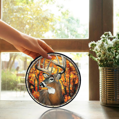 TNUW Fall Deer Stained Glass Window Hanging, Rustic Autumn Forest Wildlife Deer Sun Catchers Indoor Window Glass Round Wall Art Decor, Fall Wall Hanging Decorations, 7.9＂x7.9＂