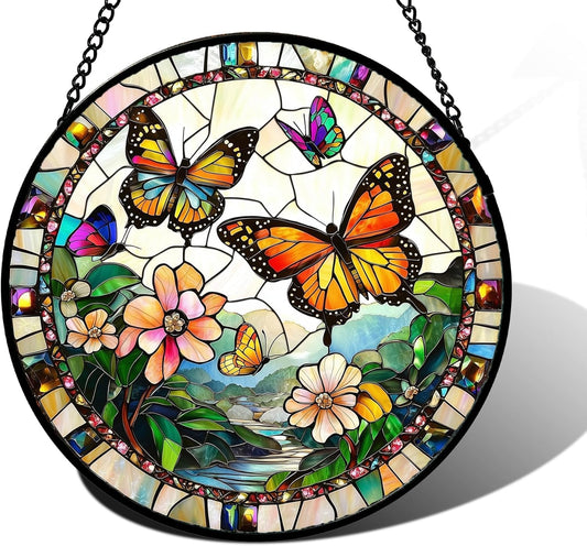 Stained Glass Window Hanging, Butterflies Flying in The Sky Suncatcher for Doors Home Sun Catchers