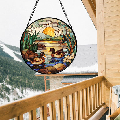 Stained Glass Window Hanging, Ducks in The Pond Sun Catcher for Door Home Decor Landscape Plant Suncatcher Christmas Mother's Day Birthday Gifts for Women Men Mom Nana 15 in