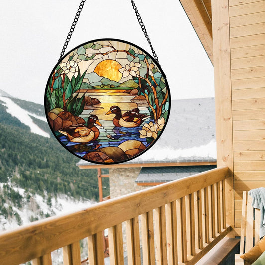 Stained Glass Window Hanging, Ducks in The Pond Sun Catcher for Door Home Decor Landscape Plant