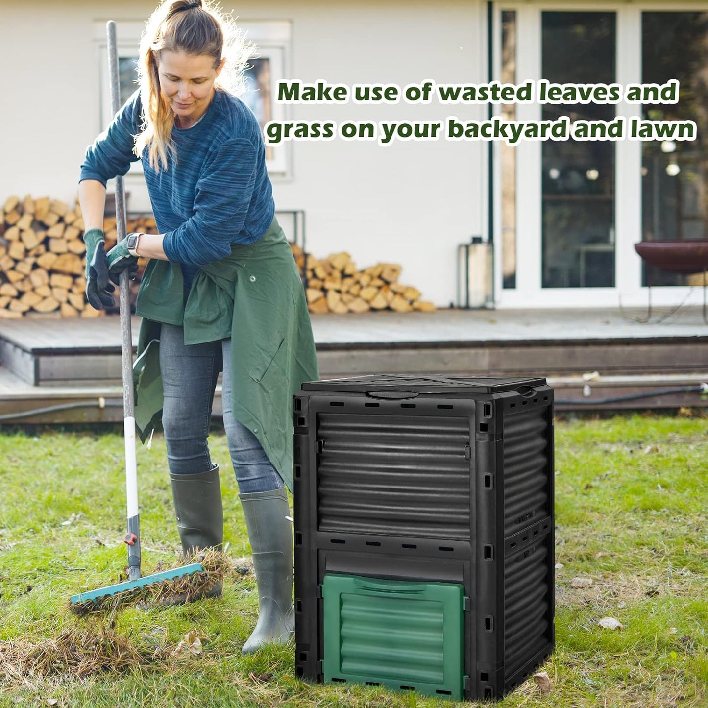 Happygrill Outdoor Compost Bin, Composting Box w/Top Flip Latch-on Lid,80 Gallons Composter for Kitchen Waste & Garden Scraps, Compost Barrel for Fast Creation of Fertile Soil (Black+Green)