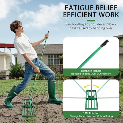 VINGLI Iron Lawn Leveling Rake 30in for Soil Sand Composs, Extended Handle, 180°Rotation Head, with All Handwares, for Yard Garden Golf Field, Green (30in)