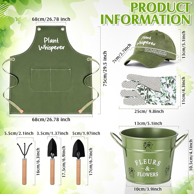 Tarpop Green Garden Tool Set Plant Whisperer Gardening Gifts for Women, 7 Piece Vegetable Planting Tool Kit with Cap Canvas Apron Green Leaf Gloves Soil Scoop Transplant Trowel Cultivator Flower Tub
