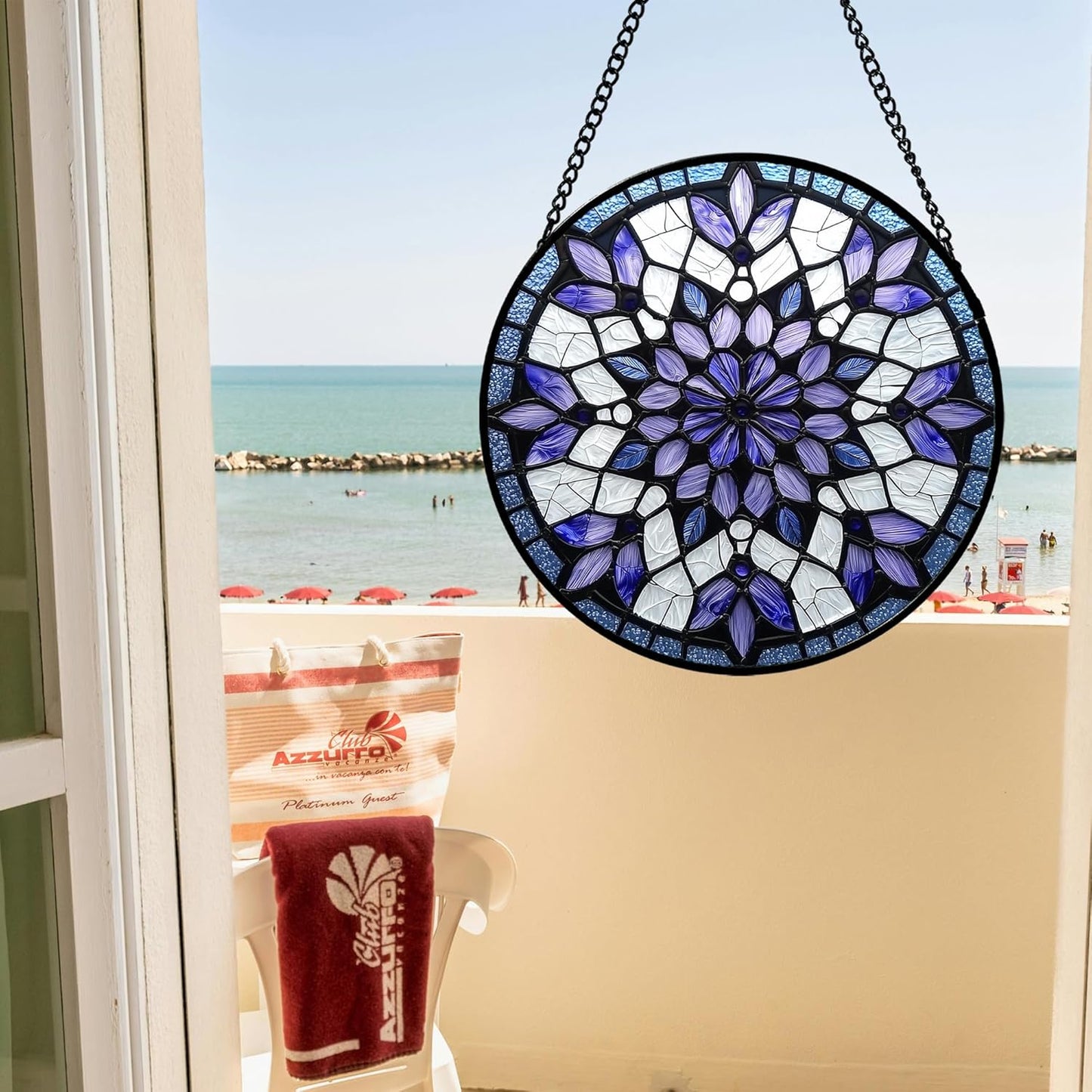 Stained Glass Window Hanging, Purple Blue Tiffany Style Flowers Sun Catcher for Window Door Home Decor Suncatcher Christmas Mother's Day Birthday Gifts for Women Men Mom Nana 6.3 in