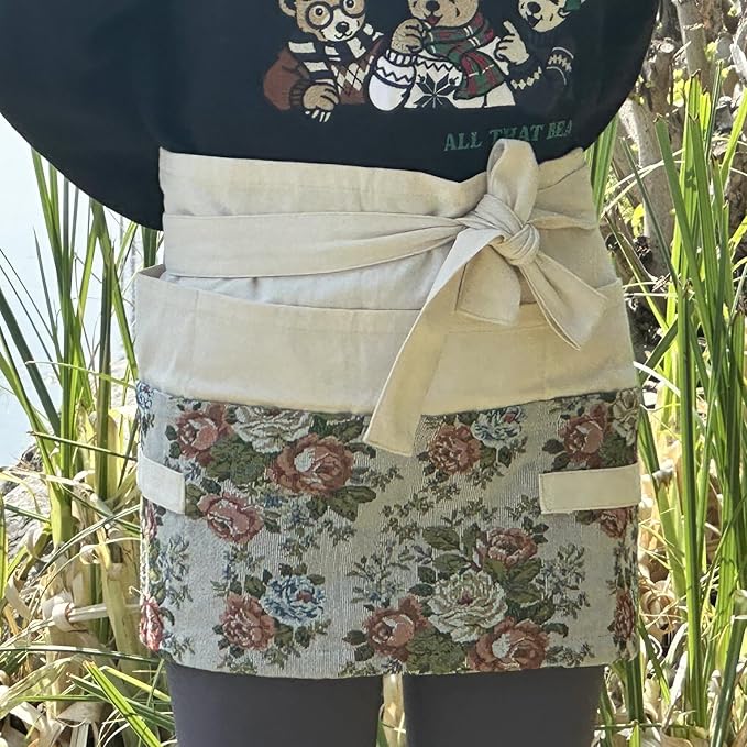 Garden Apron for Woman, Serve Apron Cute, Flora Half Apron with 8 Pockets, Valentines Gift for Mom Wife Girlfriend