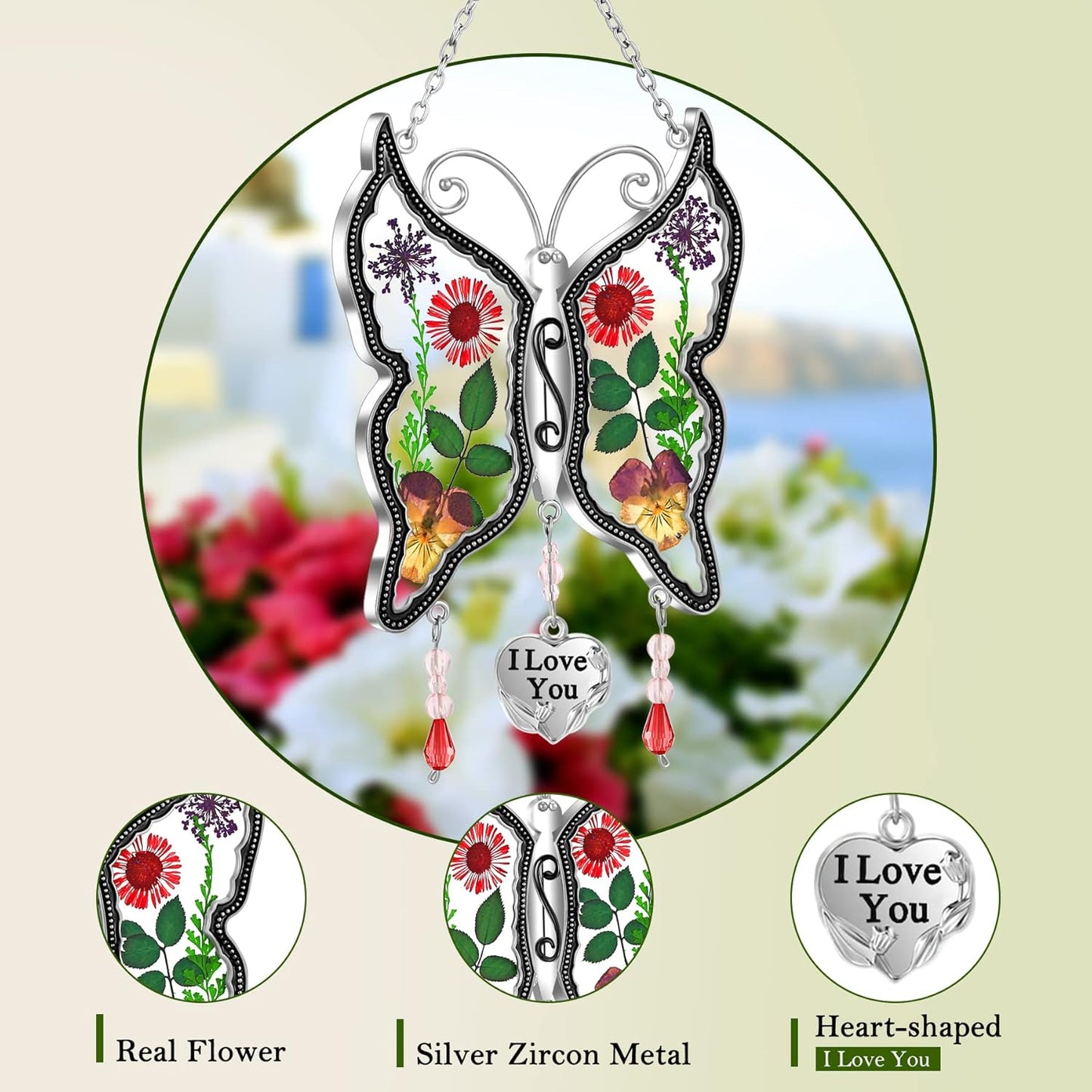 KY&BOSAM Butterfly Suncatcher Mom Gifts Stained Glass Sun Cathers for Window Hanging Wind Chime with Real Flower Wings and Metal I Love You Heart Charm Birthday Gift for Mother's Day Valentine's Decor