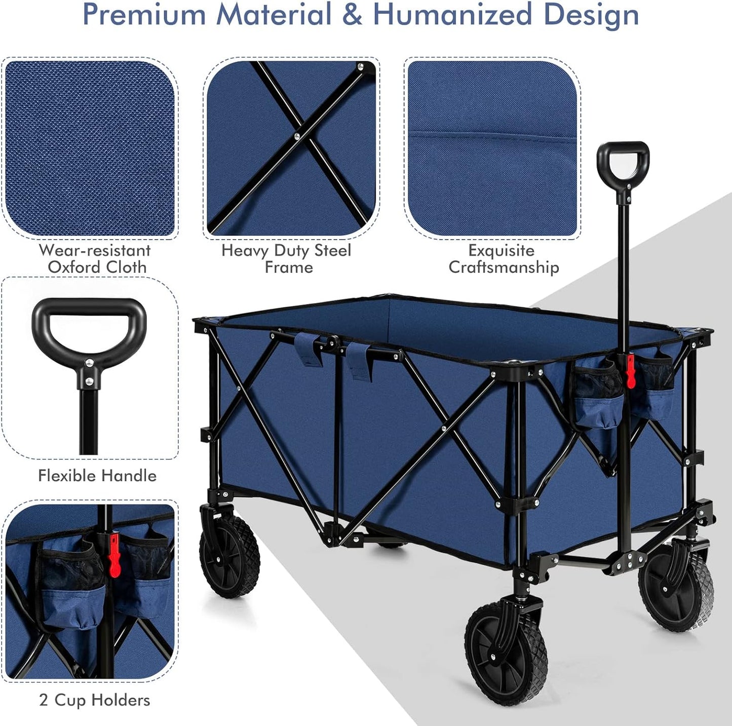 Goplus Collapsible Wagon, Folding Utility Wagon Cart w/Universal Wheels & Adjustable Handle & Cover Bag, Grocery Wagon for Garden Shopping Camping (Navy)