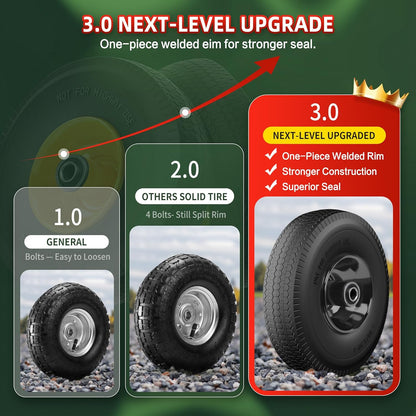 4.10/3.50-4 Tire and Wheel Flat Free,10-Inch Solid Wheel Replacement with 5/8 Extra 3/4 &1/2 Bearings,2.2" Offset Hub -Compatible with Hand Truck,Wheelbarrow,Dolly(Wave,Black)