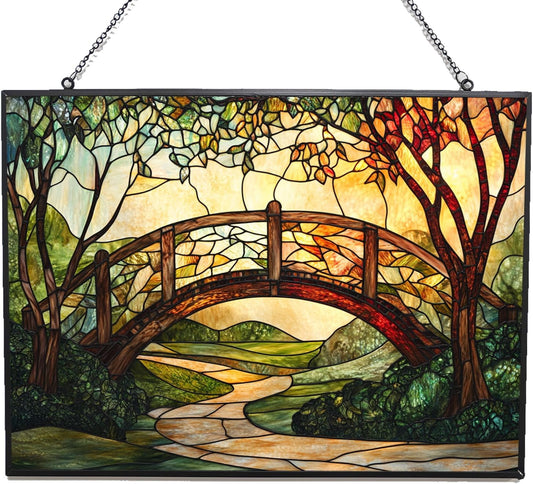 Rectangle Art Nouveau Ivy-Covered Bridge Stained Glass Window Hanging,Hummingbird Sun Catchers