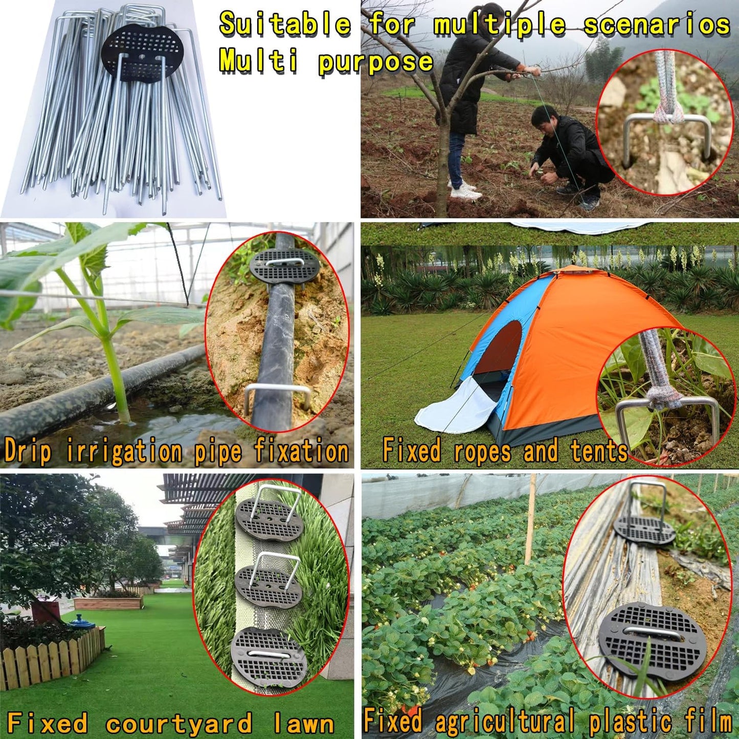 300 Pack Landscape Staples with 300 Gaskets, 8-Inch Garden Stakes, 11 Gauge Galvanized U-Shaped Pins for Weed Barrier Fabric