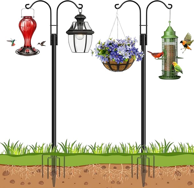Ottsuls Bird Feeder Pole, 2 Pack 92 INCH Double Shepherds Hooks for Outdoor, Garden Pole with 5 Base Prongs Heavy Duty Planter Hooks for Hanging Plant Baskets, Lantern, Hummingbird Feeder
