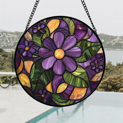 Stained Glass Window Hanging, Purple Green Flowers Sun Catcher for Door Home Decor Plants Suncatcher Christmas Mother's Day Birthday Gifts for Women Men Mom and Nana 7.8 in