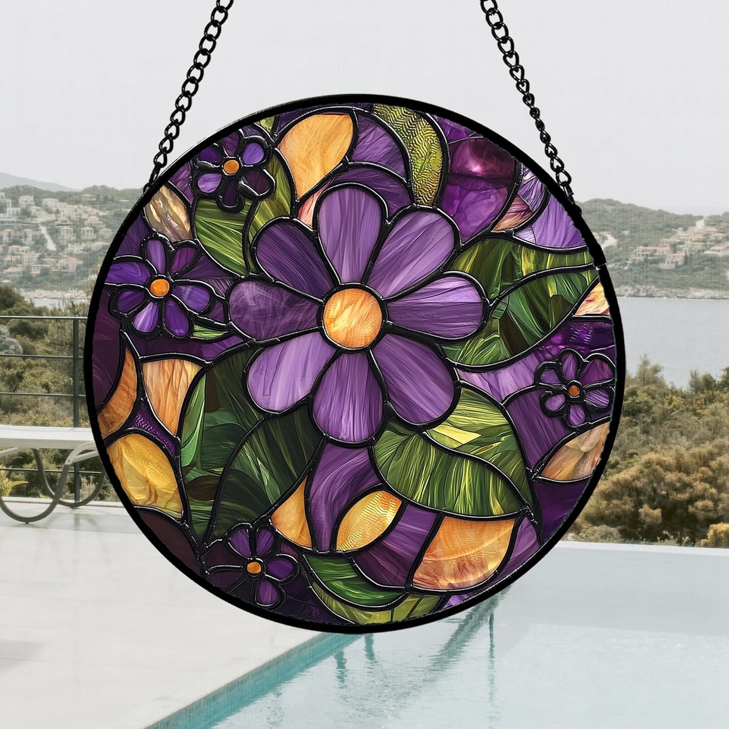 Stained Glass Window Hanging, Purple Green Flowers Sun Catcher for Door Home Decor Plants Suncatcher Christmas Mother's Day Birthday Gifts for Women Men Mom and Nana 15 in