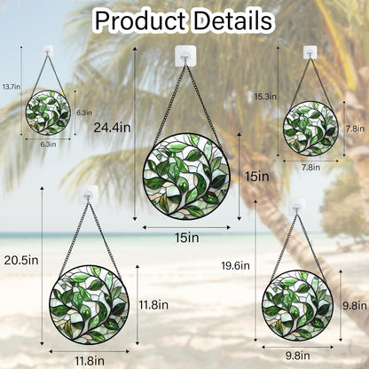 Stained Glass Window Hanging - White Green Leaves Suncatcher for Doors Window Home Plant Sun Catchers Decor Christmas Mother's Day Birthday Gifts for Teacher Women Men Mom Nana 6.3 in