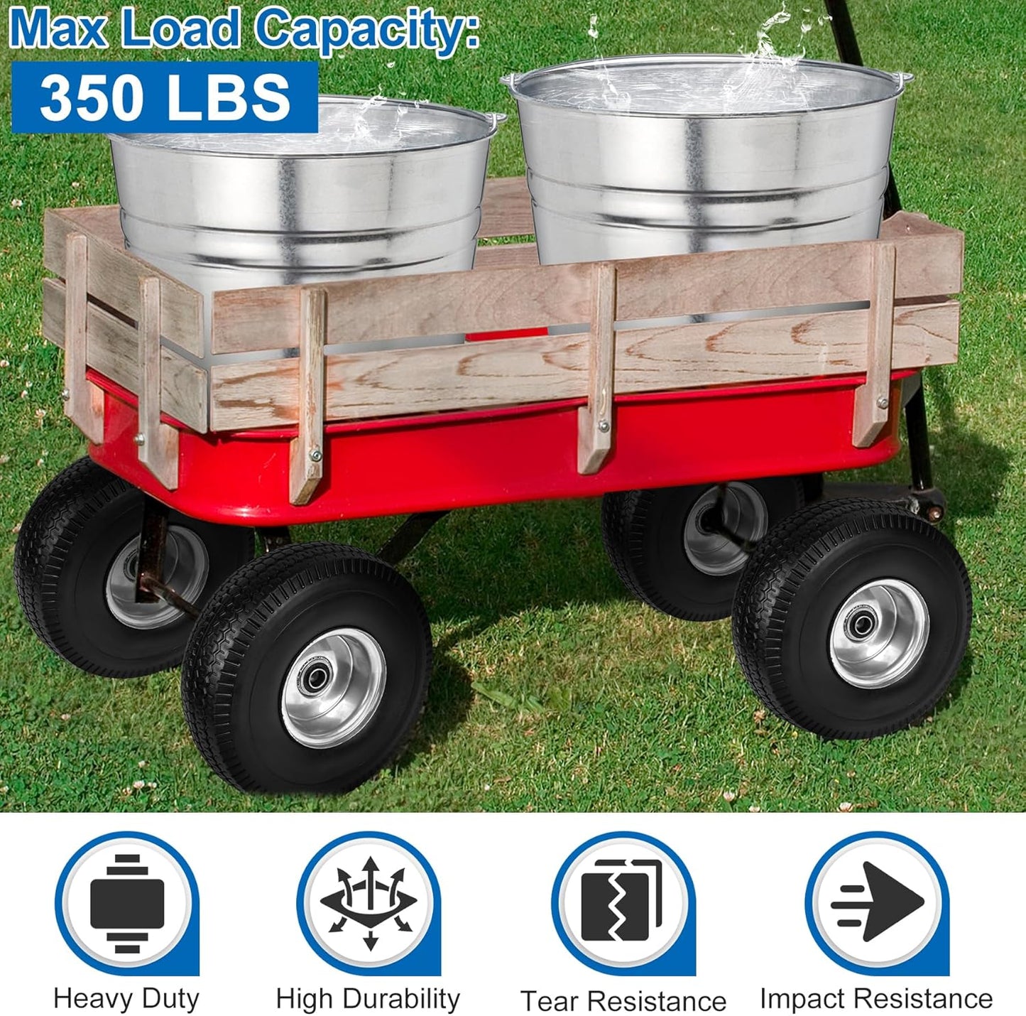 4.10/3.50-4" Flat Free Tires, 10 Inch Solid Tires and Wheels Replacement with 5/8" Axle Bore Hole, 2.2" Offset Hub for Hand Truck, Garden Cart, Lawn Cart, Wheelbarrow, 2 Pack