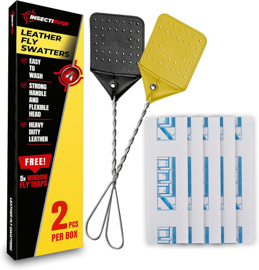 Leather Fly Swatter 2 Pack with 5 Window Fly Traps - Heavy Duty Fly Swatter Manual, Retractable