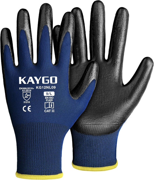 KAYGO Work Gloves Nitrile Coated, 12 Pairs KG12N，Seamless Knit, Protective Safety Work Gloves with Good Grip for General Work,Blue, L