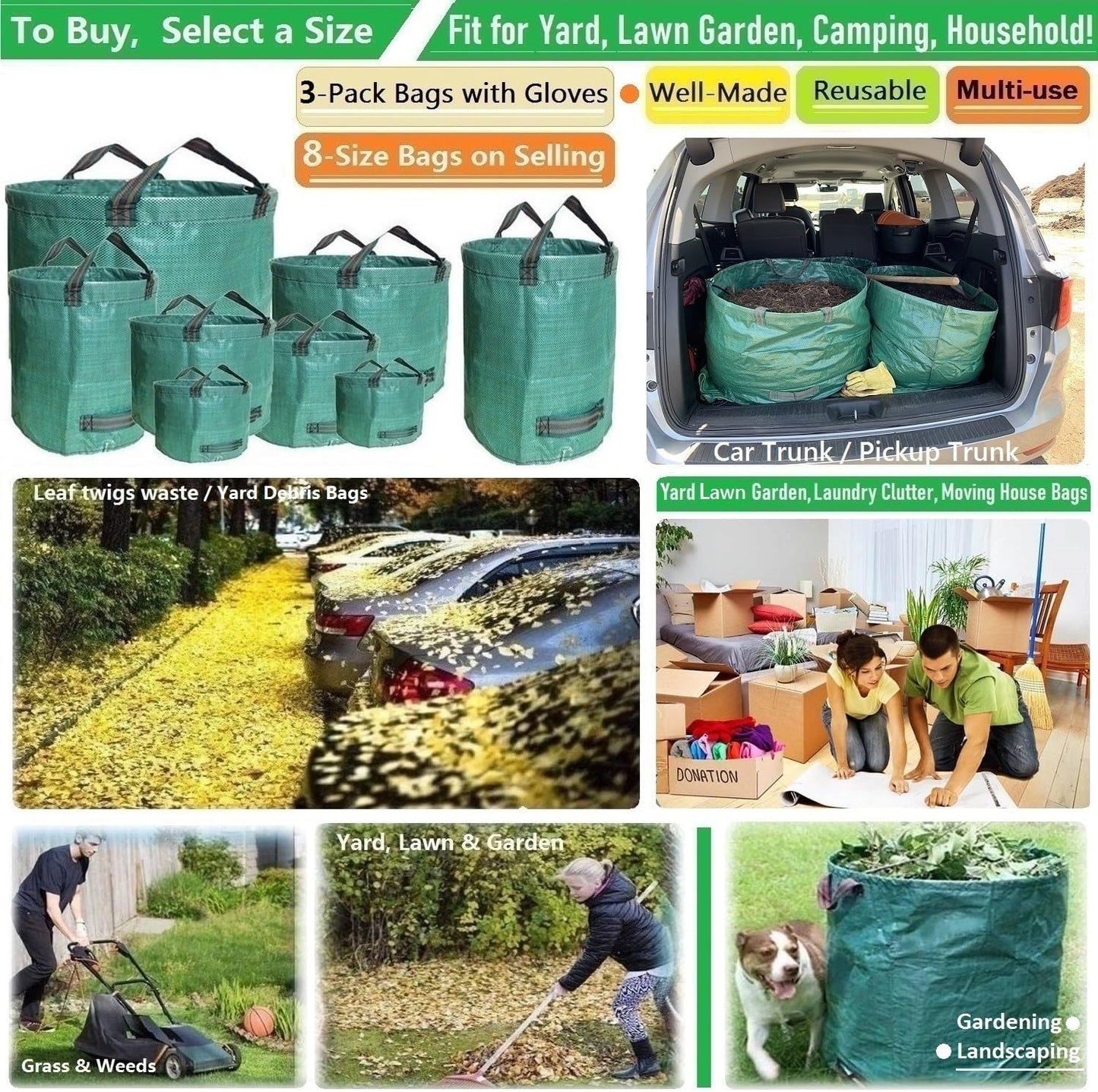 Standard 3-Pack 46 Gallon Yard Garden Bags (D26, H19 inch) with Garden Gloves, Leaf Bags,Yard Waste Bags,Recycling Bag,Camping Waste Bin,Laundry Bag,Lawn Debris,Grass Clippings,Weeds Barrel 4 Handles