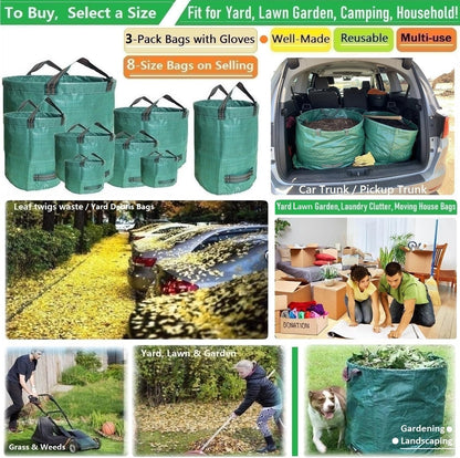 Standard 3-Pack 46 Gallon Yard Garden Bags (D26, H19 inch) with Garden Gloves, Leaf Bags,Yard Waste Bags,Recycling Bag,Camping Waste Bin,Laundry Bag,Lawn Debris,Grass Clippings,Weeds Barrel 4 Handles