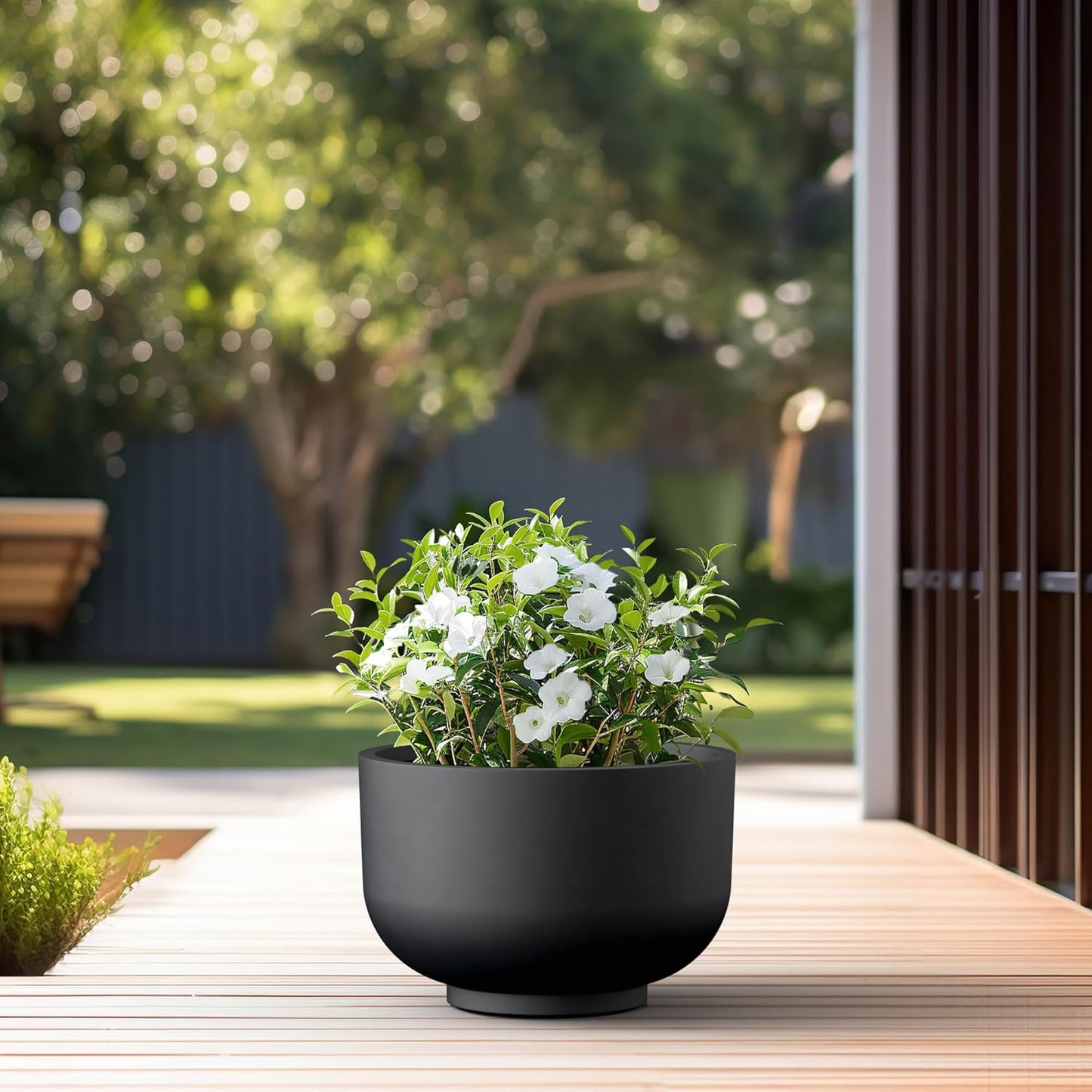 Kante 17.7 Inch Dia Concrete Bowl Planter, Large Tapered Bottom Plant Pot with Drainage, Smooth Black Finish with Warm Brown Interior, Ideal for Porch, Home, Garden, Patio