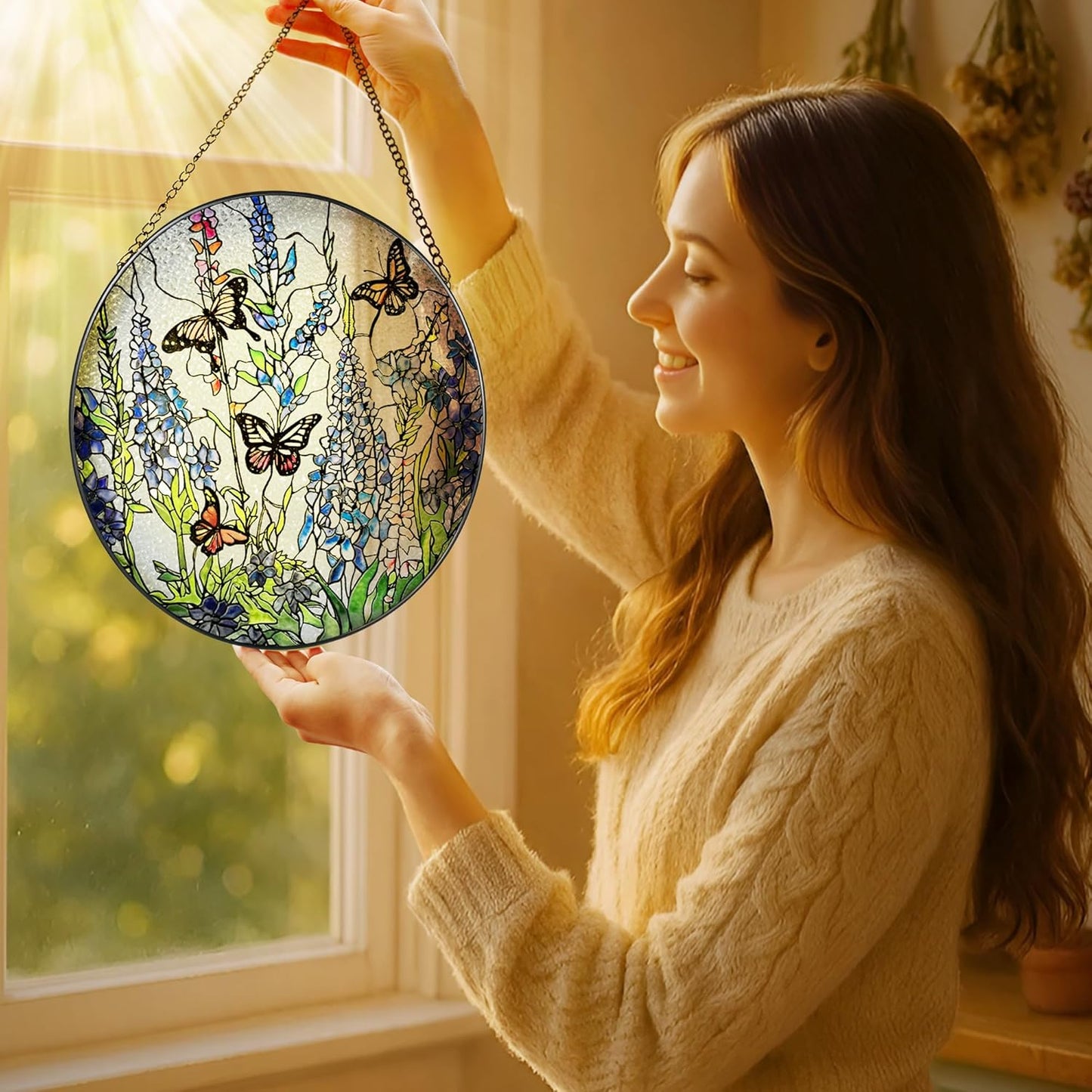 Lavender Monarch Butterfly Stained Glass Suncatcher, 8 Inch Windows Hanging Art, Stained Glass Windows Hanging, Plant Lover Gifts for Women, Gifts for Butterfly Lovers, Idea Gift, Gift Exchange