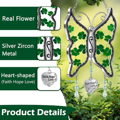 KY&BOSAM Shamrock Butterfly Suncatcher Faith Hope Love Irish Stained Glass for Windows Suncatchers Hangings Ornament Wind Chime with Real Flower as Gifts for Mom Mothers Day St Patrick's Day Decor
