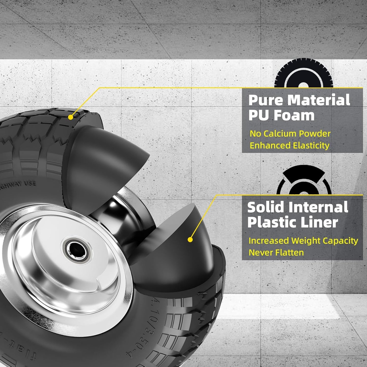 【UPGRADED】4.10/3.50-4 Tire and Wheel Flat Free, 10 Inch Solid Rubber Tire with 5/8”Axle Bore Hole and Double Sealed Bearings, for Dolly Wheels/Hand Truck Wheels/Dump Cart，4 Pack