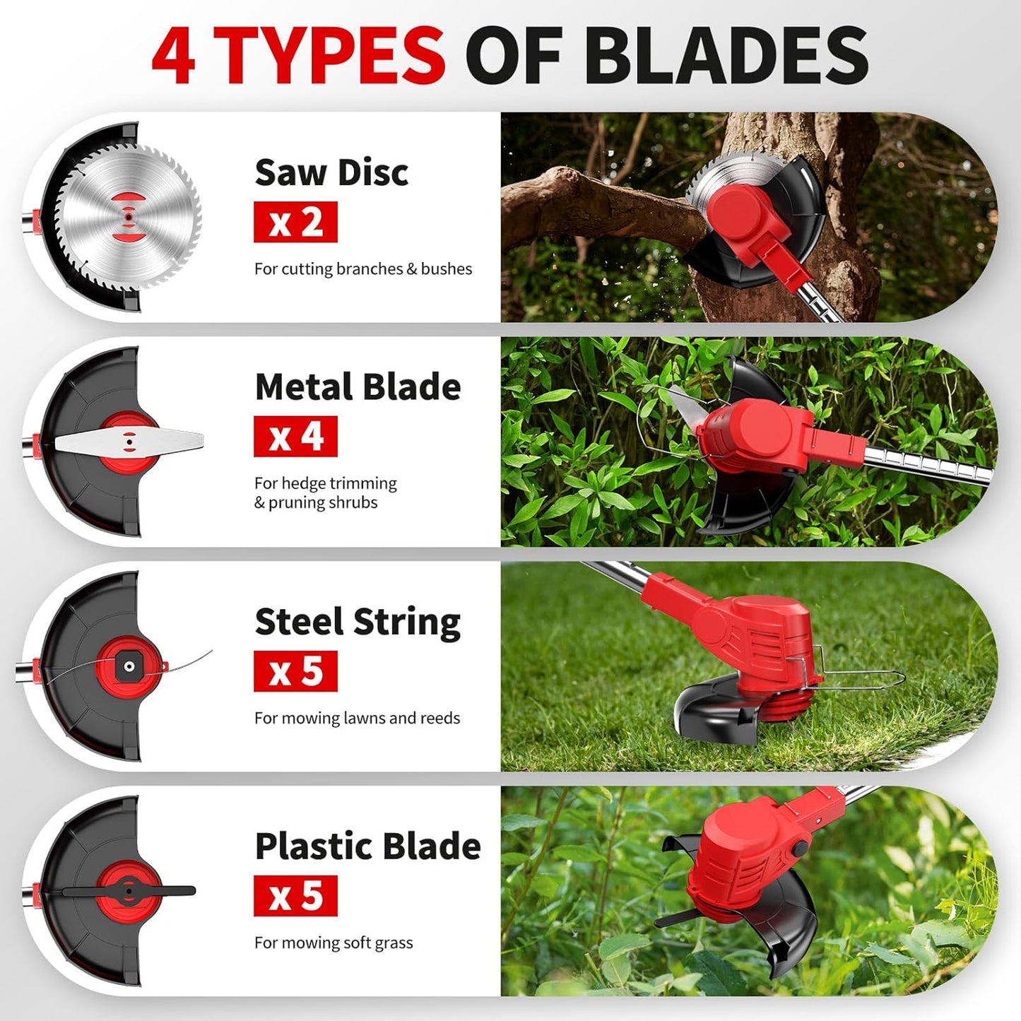Cordless Weed Wacker, Electric Weed Eater with 4 Types of Blades & 2 * 2.0Ah Batteries, Lightweight Brush Cutter Foldable String Trimmer, Battery Powered Lawn Mover for Lawn Yard (Red)