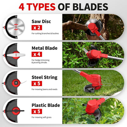 Cordless Weed Wacker, Electric Weed Eater with 4 Types of Blades & 2 * 2.0Ah Batteries, Lightweight Brush Cutter Foldable String Trimmer, Battery Powered Lawn Mover for Lawn Yard (Red)