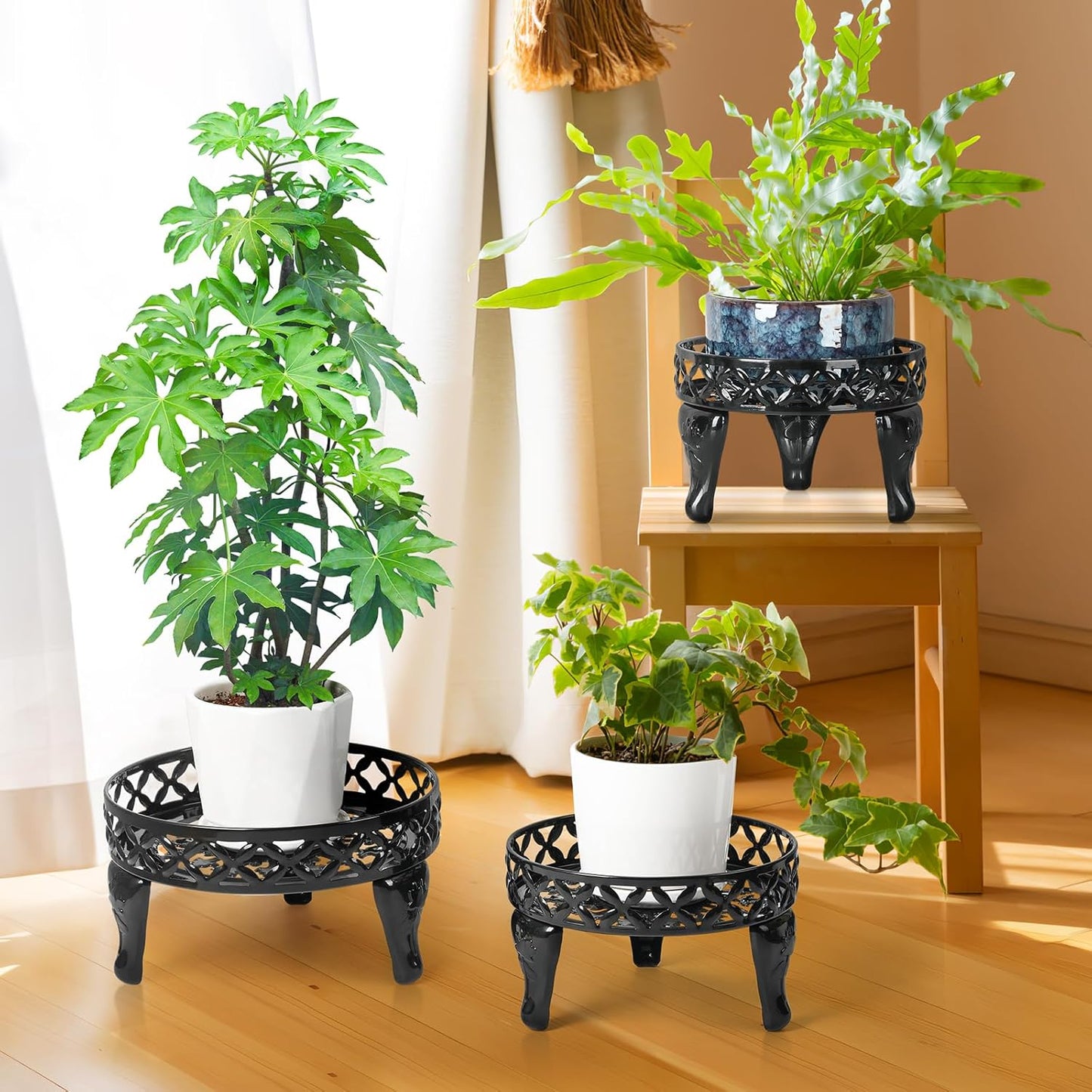 3 Pack Metal Plant Stands Indoor Outdoor,Heavy Duty Iron Flower Pot Stands for Multiple Plants,Rustproof Low Round Plant Holder for Garden,Patio,Home