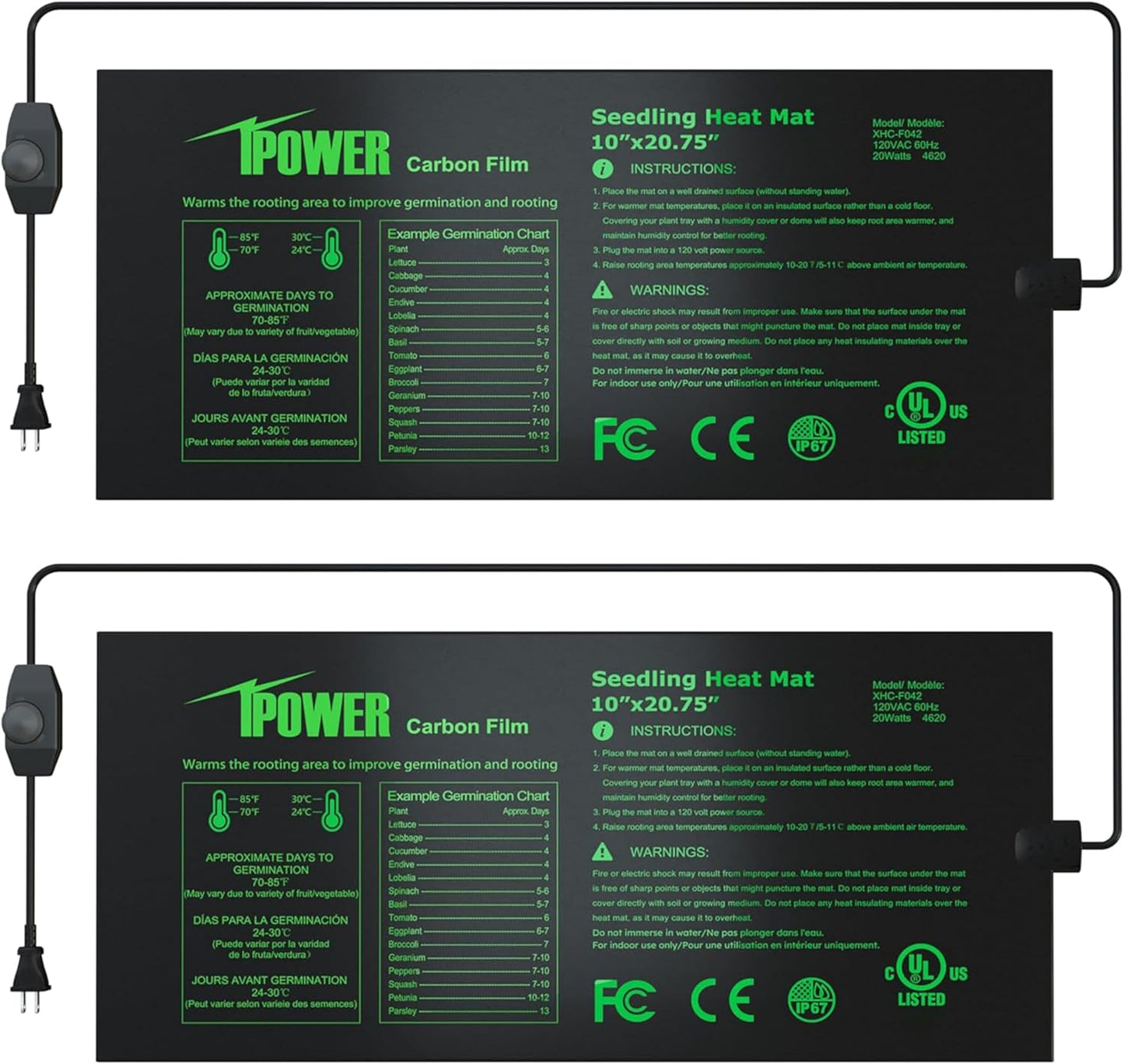 iPower 2 Pack 10"x20.75" Seeding Heat Mat, Adjustable Temperature Waterproof Durable Germination Station, Hydroponic Heating Pad for Indoor Gardening