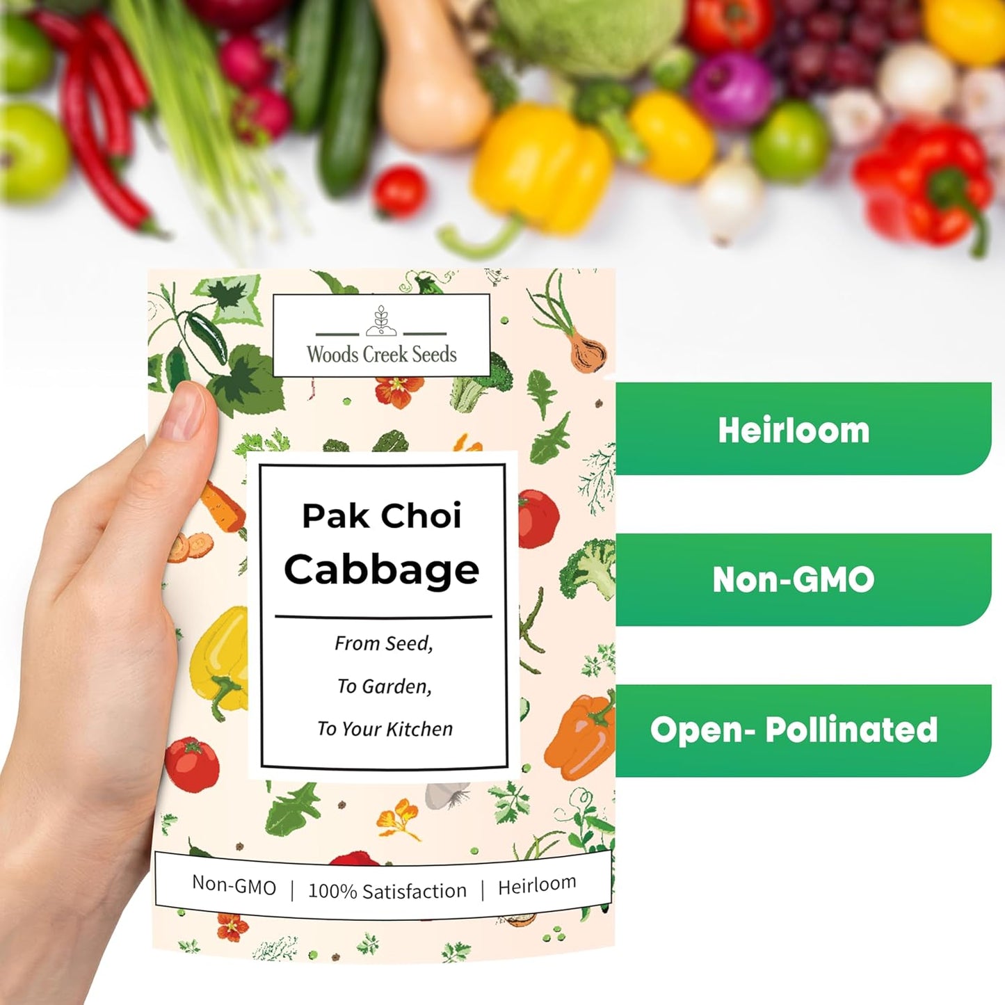 Woods Creek Seeds: Pak Choi White Stem Cabbage Seeds for Planting - Over 700 Heirloom Non-GMO Green Cabbage Seeds - Beginner-Friendly Vegetable Seed for Home, Indoor or Outdoor Gardeners