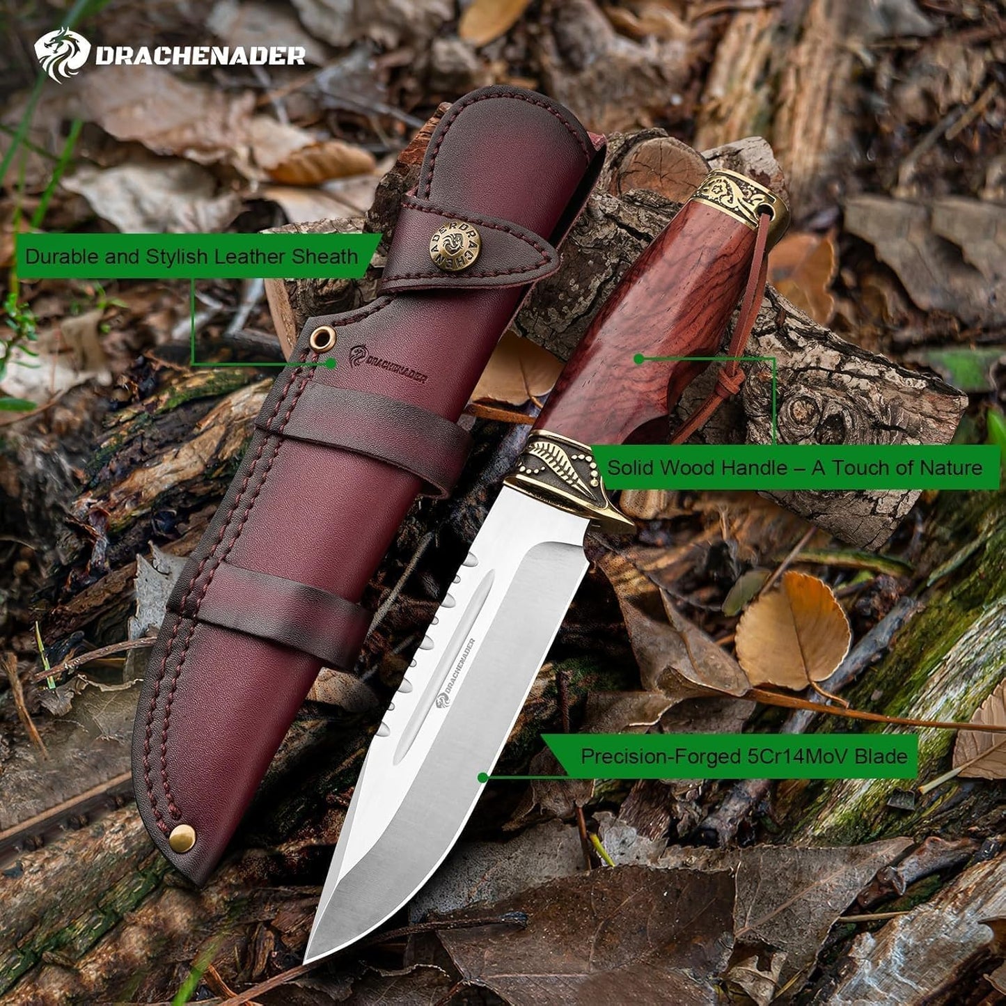 Fixed Blade Hunting Knife with Horizontal Leather Sheath YU-LN, 10.63" Bushcraft Knife for Men with Wood Handle, Gift for Men